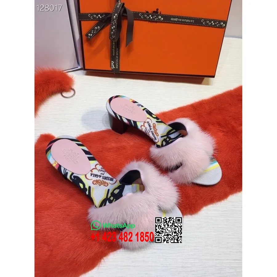 Koleksi Hermes Oran Mink Fur Mules Musim Gugur/dingin 2020, Merah Muda Muda