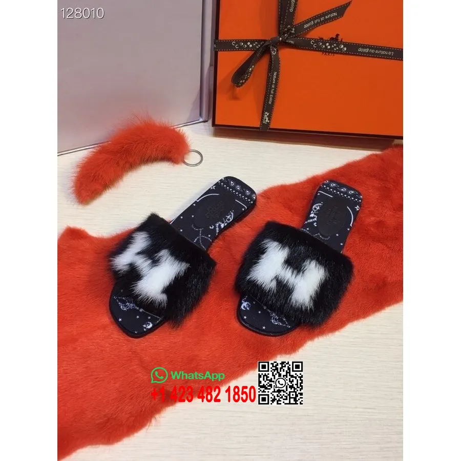 Hermes Oran H Logo Minkkiturkista Flat Mules Syksy/talvi 2020 Kokoelma, Musta