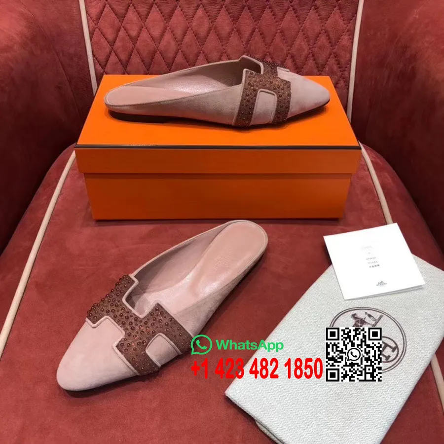 Hermes Crystal Roxane Mules En Cuir De Chèvre Suédé Collection Printemps/été 2020, Rose/nude