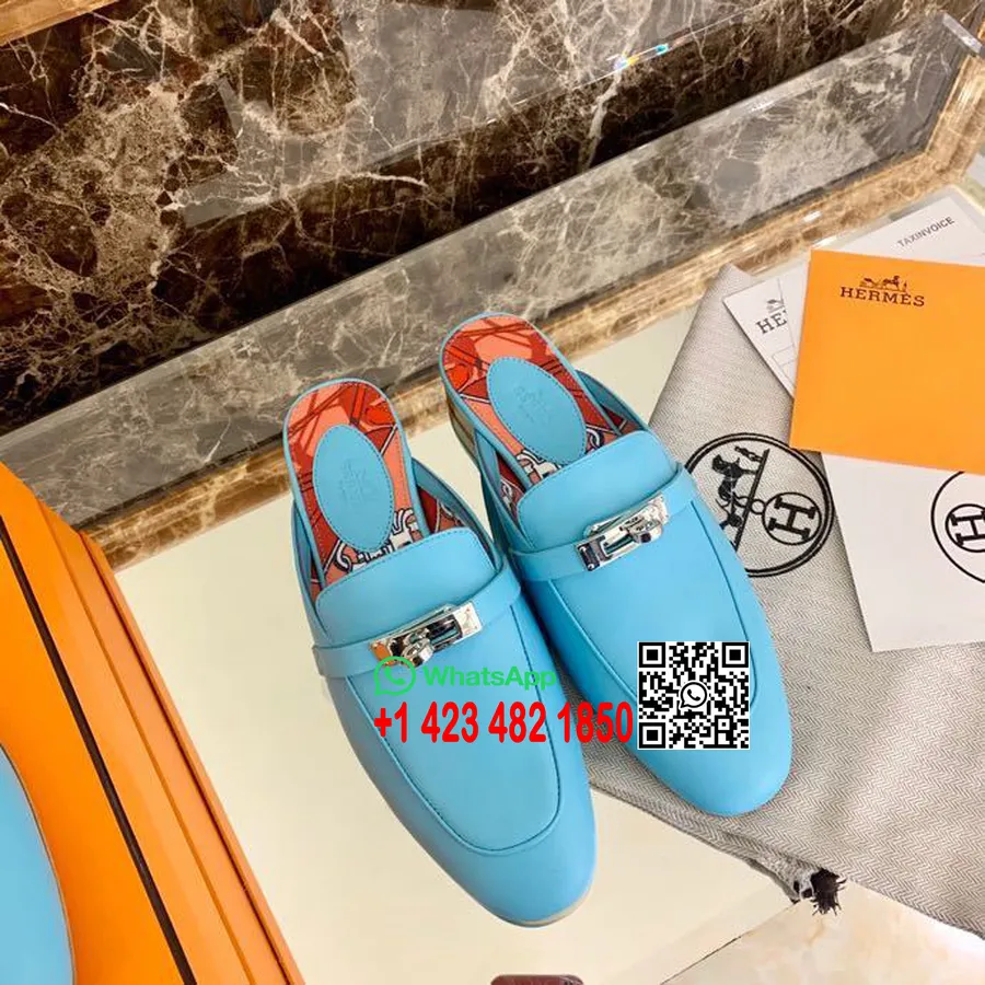 колекция пролет/лято 2020 колекция Hermes Oz Kelly Mule от телешка кожа, син дорсет