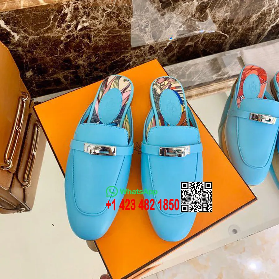 Hermes Oz Kelly Mule телешка кожа колекция пролет/лято 2020, Jardin Botanique/blue Dorset