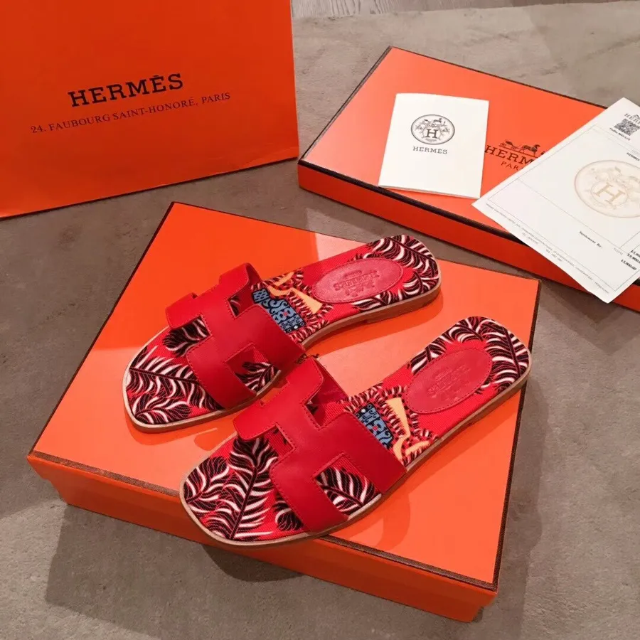 Hermes Oran Floral Canvas Sandal Box Kalveskinn Vår/sommer 2019 Kolleksjon, Rød