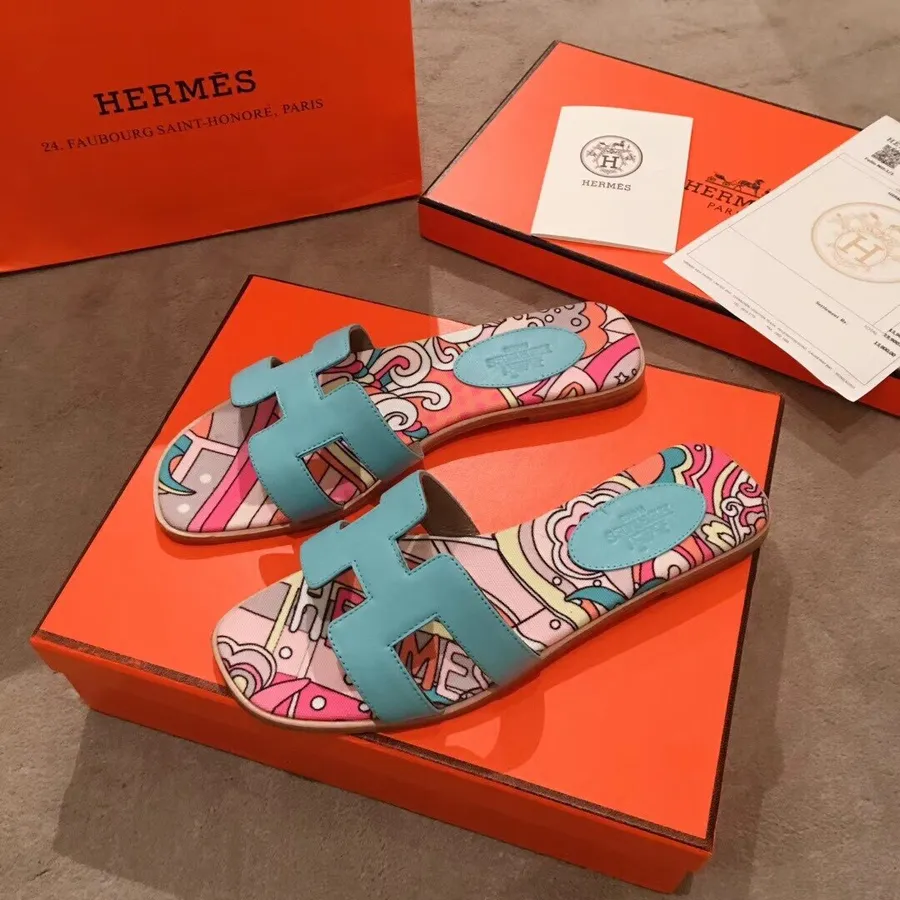 Hermes Oran Blommiga Canvas Sandaler Box Kalvskinn Vår/sommar 2019 Kollektion, Bleu Littoral