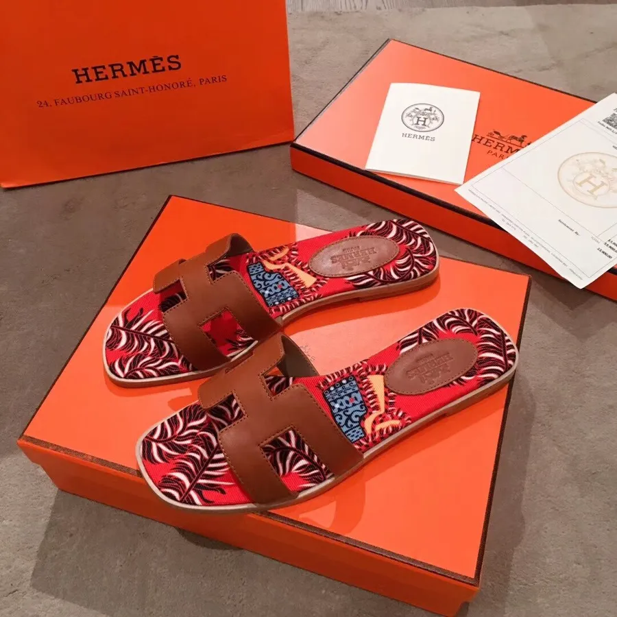 Hermes Oran Floral Canvas Sandal Box Kalveskind Forår/sommer 2019 Kollektion, Guld