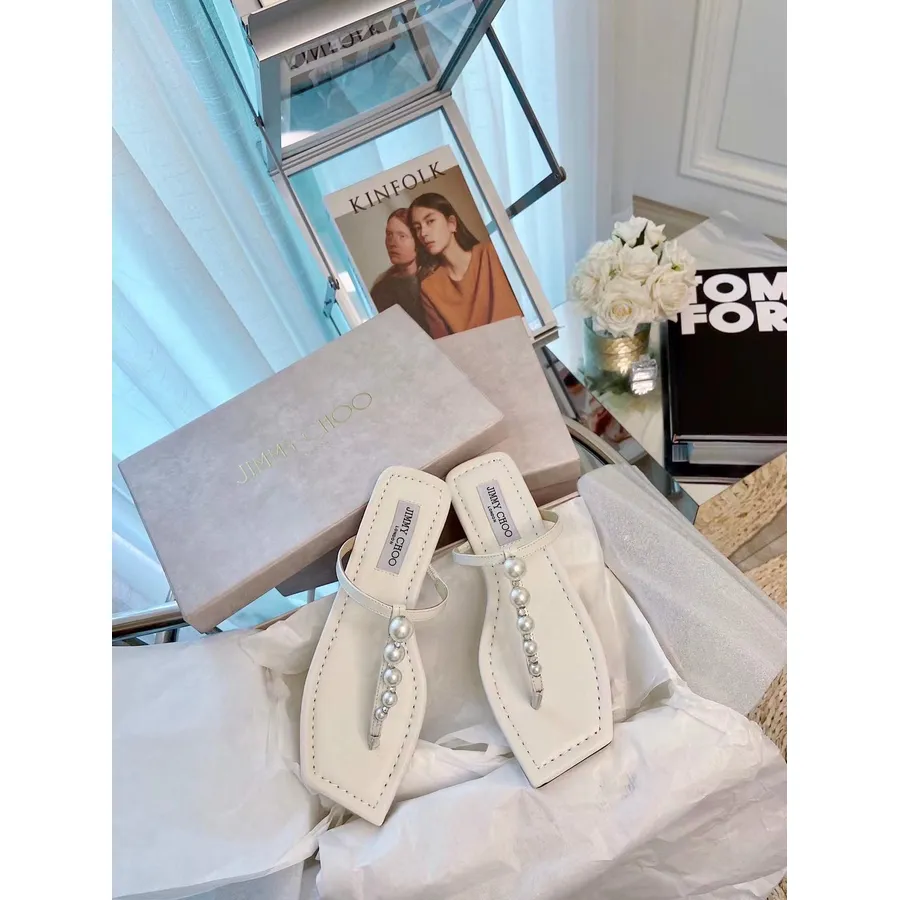 Jimmy Choo Alaina Declarou Enfeitadas Com Pérolas Couro De Bezerro Coleção Primavera/verão 2021, Branco