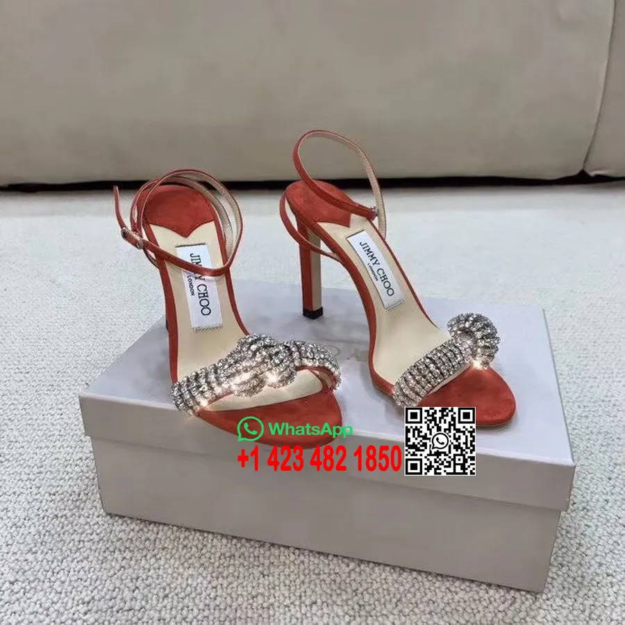 Jimmy Choo Thyra Kristal Düğümlü Sandalet 100 Mm Süet Deri İlkbahar/Yaz 2020 Koleksiyonu, Kırmızı