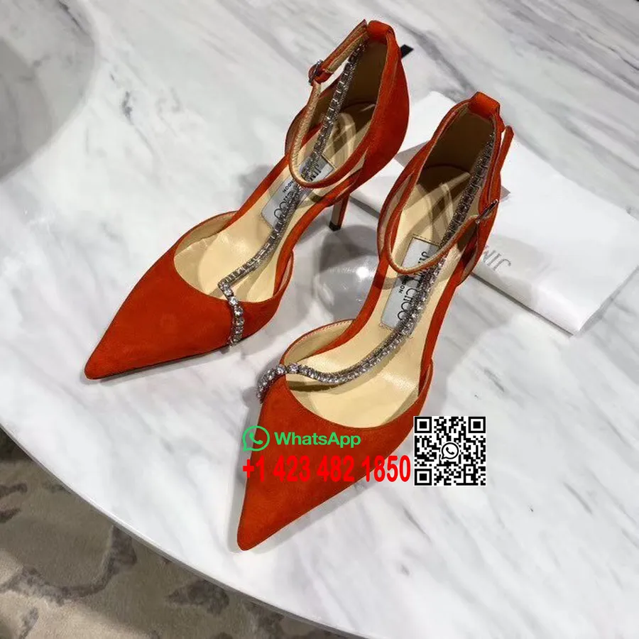 Jimmy Choo Suède Pumps Met Puntneus En Kristallen Verfraaid, 100 Mm Suède Collectie Lente/zomer 2020, Rood