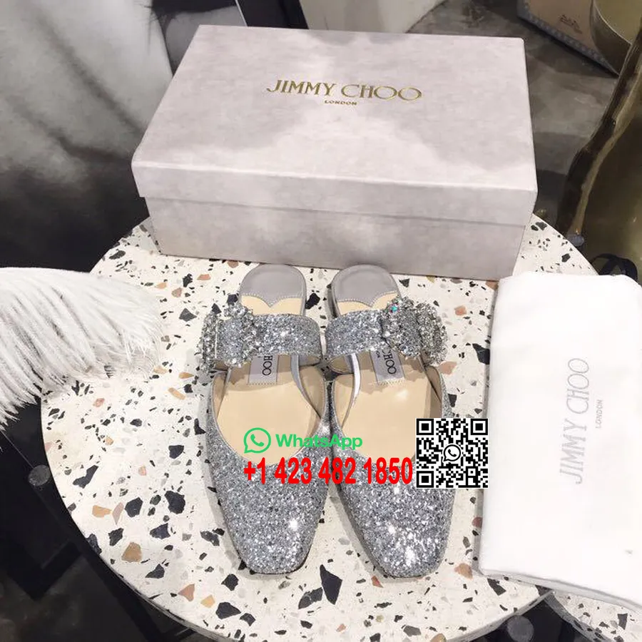 Jimmy Choo Goodwin Glitter Ballerina Mules Kulit Anak Sapi Koleksi Musim Semi/musim Panas 2019, Perak