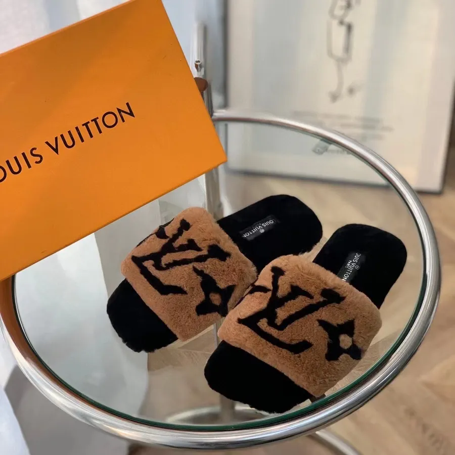 Louis Vuitton Fur Mule Slides Leder Herbst/Winter 2021 Kollektion 1a95dz, Hellbraun/schwarz