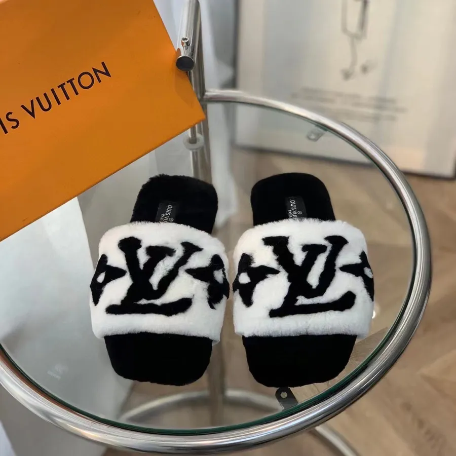 Louis Vuitton Pelz Mule Slides Leder Herbst/Winter 2021 Kollektion 1a95dz, Weiß/schwarz