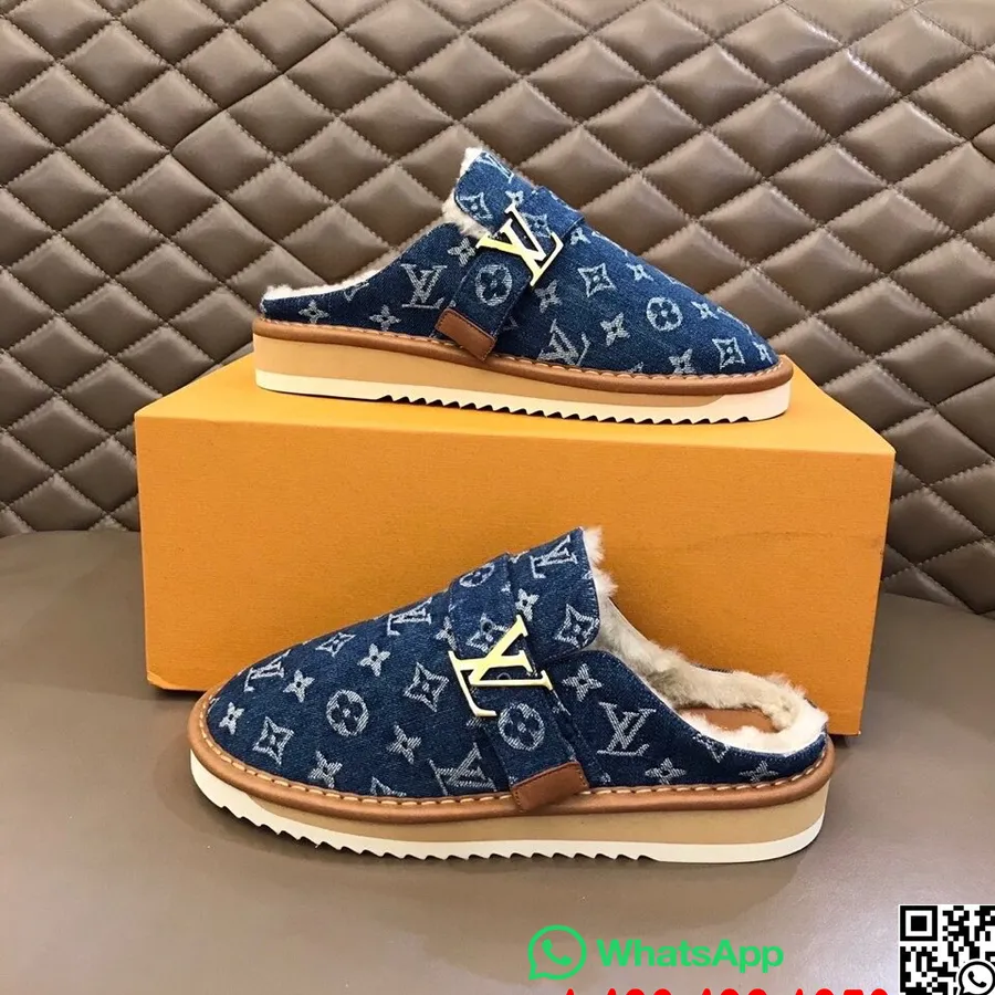 Louis Vuitton Cosy Mule Mens Shearling Fur Fall/Winter 2020  Collection, Denim Blue