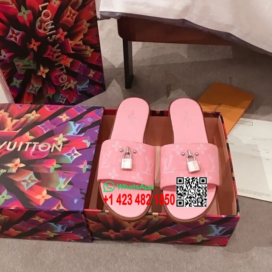 Louis Vuitton Lock It Platta Sandaler Denim Monogram Canvas Vår/sommar 2020 Kollektion, Rosa