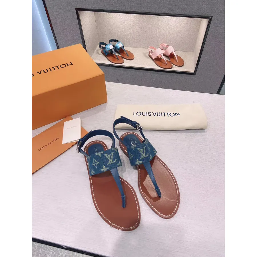 Louis Vuitton Estibordo Denim Tanga Sandálias Couro De Bezerro Coleção Primavera/verão 2020 1a7rdp, Azul