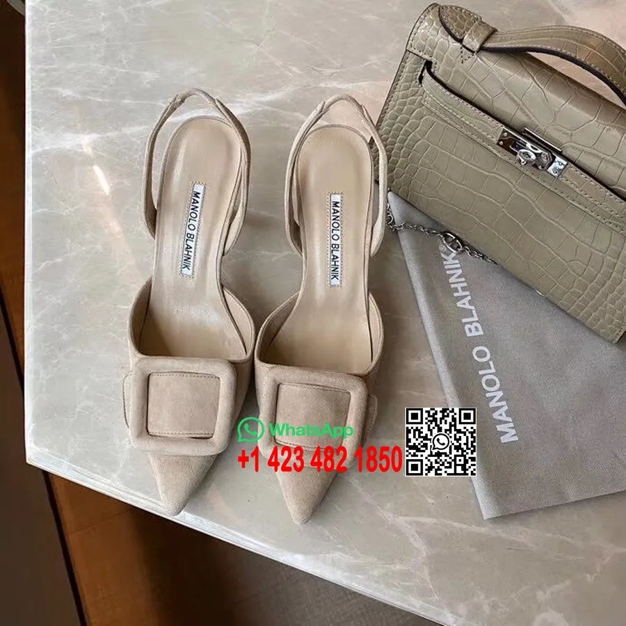 Manolo Blahnik Maysli Décolleté Slingback In Camoscio 70mm Pelle Di Vitello Collezione Primavera/estate 2020, Sabbia