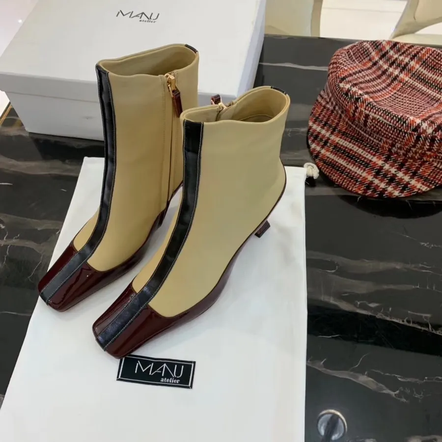 Manu Atelier Botins Couro De Bezerro Envernizado Coleção Outono/inverno 2019, Marrom Escuro/marfim