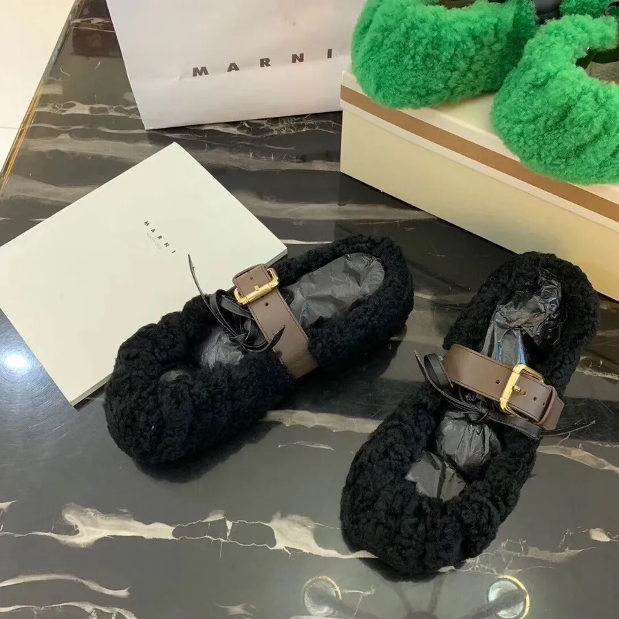 Marni Buckle Shearling Fur Ballerina Flats Calfskin Leather Fall/Winter 2019 Collection, Black