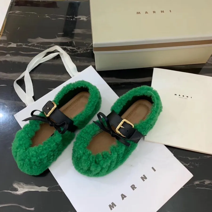 Marni Buckle Shearling Fur Ballerina Flats Calfskin Leather Fall/Winter 2019 Collection, Green