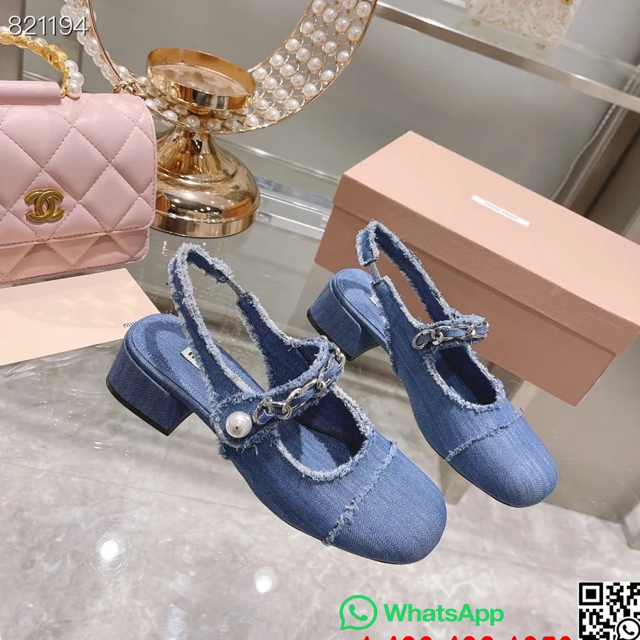 Miu Miu Décolleté Slingback Mary Jane Perlate Denim/pelle Di Vitello Collezione Primavera/estate 2022, Blu