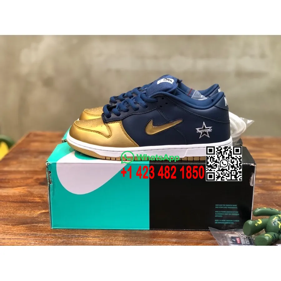 Nike SB Supreme OG Dunk Low Top Sneakers Calfskin Leather Spring/Summer 2022 Collection, Gold/Navy Blue