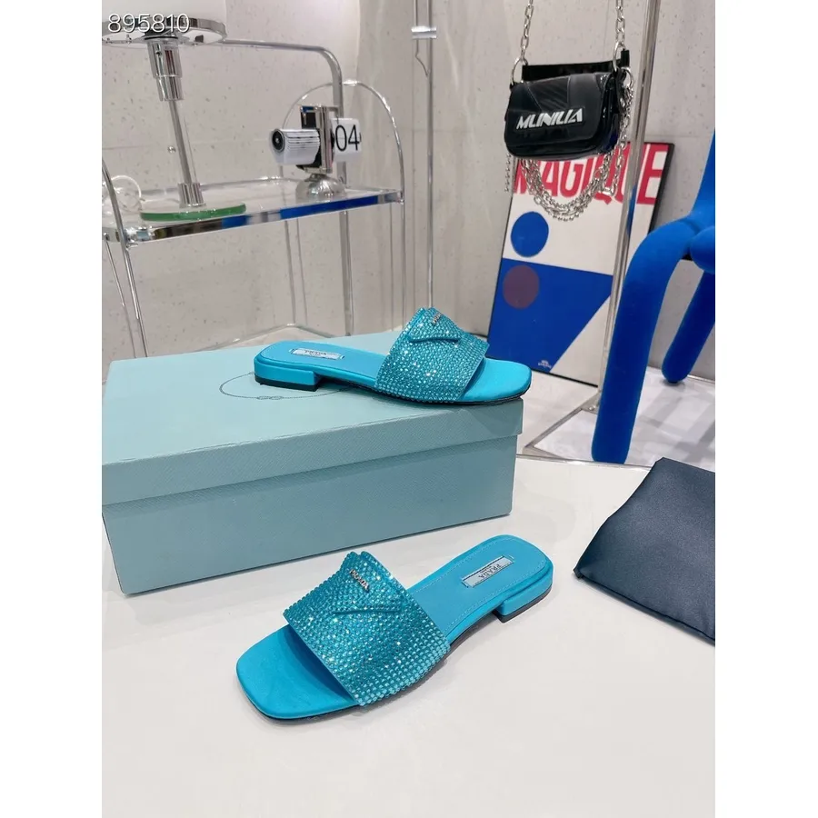 Prada Crystal Embellished Sandals Satin Canvas Spring/Summer 2022 Collection, Turquoise Blue