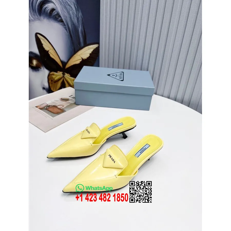 Prada Logo Mule Kitten Heels Calfskin Leather Spring/Summer 2022 Collection, Yellow