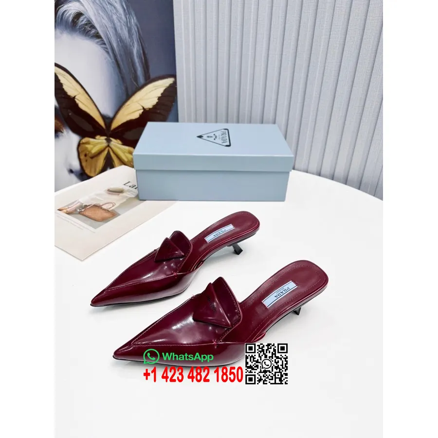 Prada Logo Mule Kitten Heels Calfskin Leather Spring/Summer 2022 Collection, Burgundy