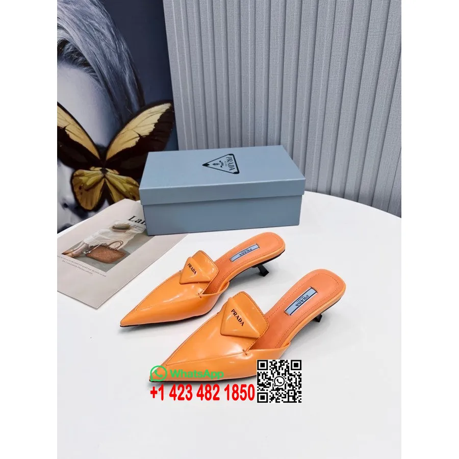 Prada Logo Mule Kitten Heels Calfskin Leather Spring/Summer 2022 Collection, Orange