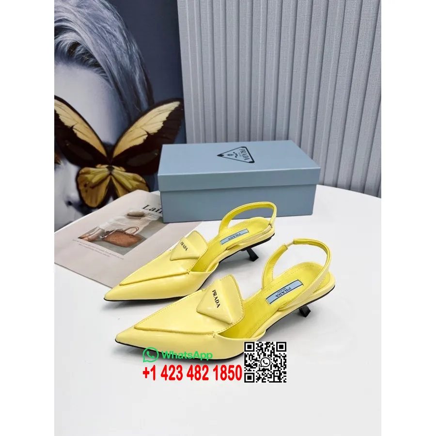 Prada Logo  Slingback Kitten Heels Calfskin Leather Spring/Summer 2022 Collection, Yellow