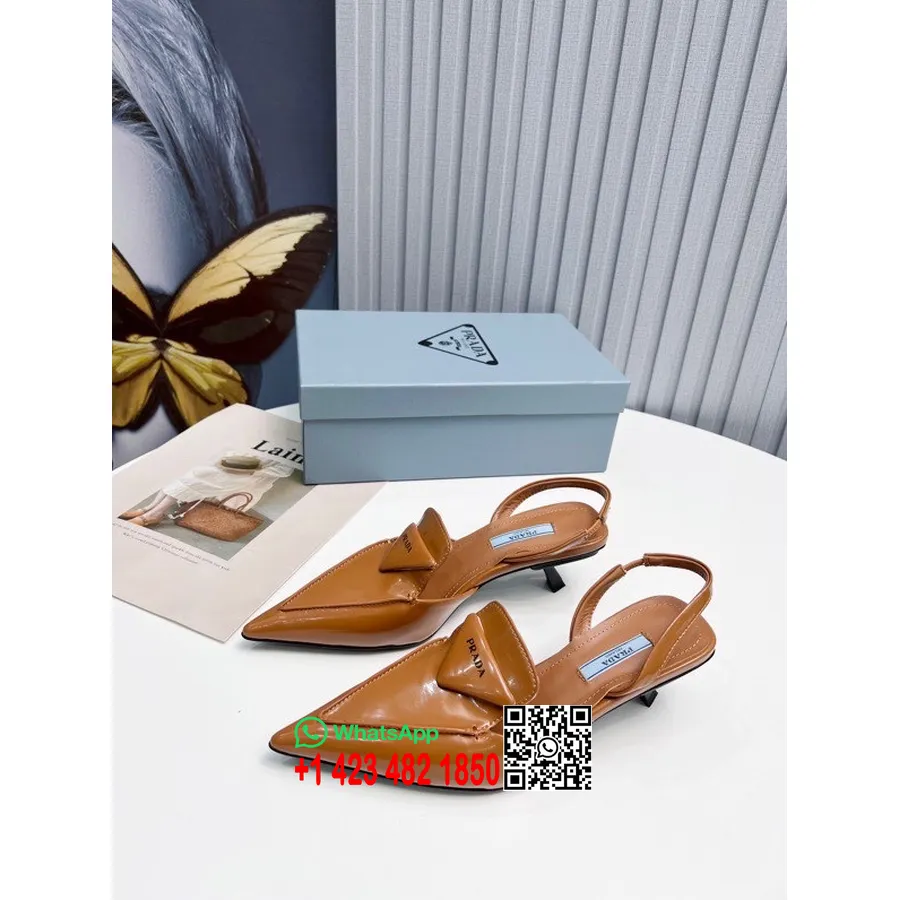 Prada Logo Slingback Kit Saltos Couro De Bezerro Coleção Primavera/verão 2022, Marrom