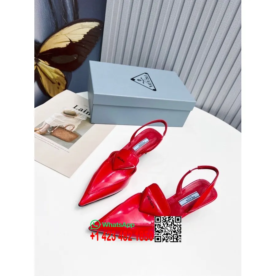 Prada Logó Slingback Kitten Sarkú Borjúbőr Bőr 2022 Tavaszi/nyári Kollekció, Piros