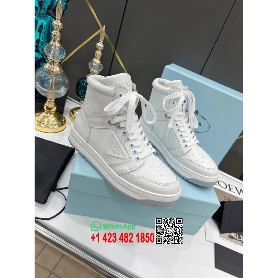 Prada Logo High-Top Sneakers Calfskin Leather Spring/Summer 2022 Collection,  White