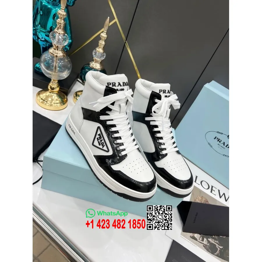 Prada Logo High-Top Sneakers Calfskin Leather Spring/Summer 2022 Collection,  Black/White