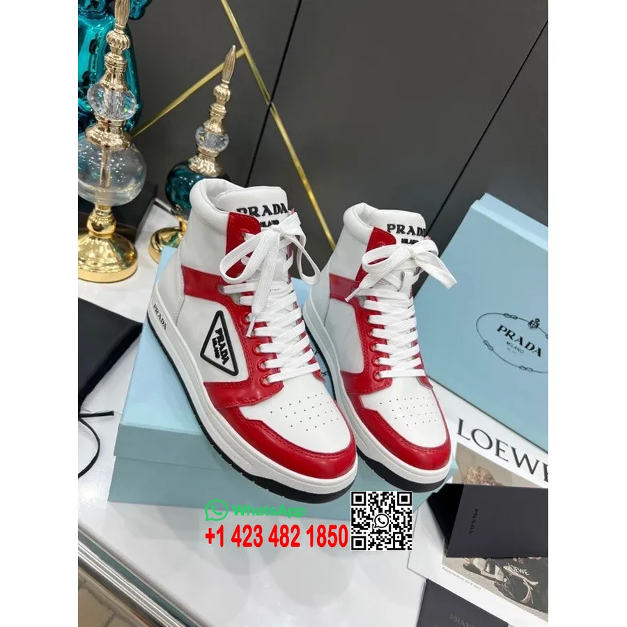 Prada Logo High-Top Sneakers Calfskin Leather Spring/Summer 2022 Collection,  Red/White