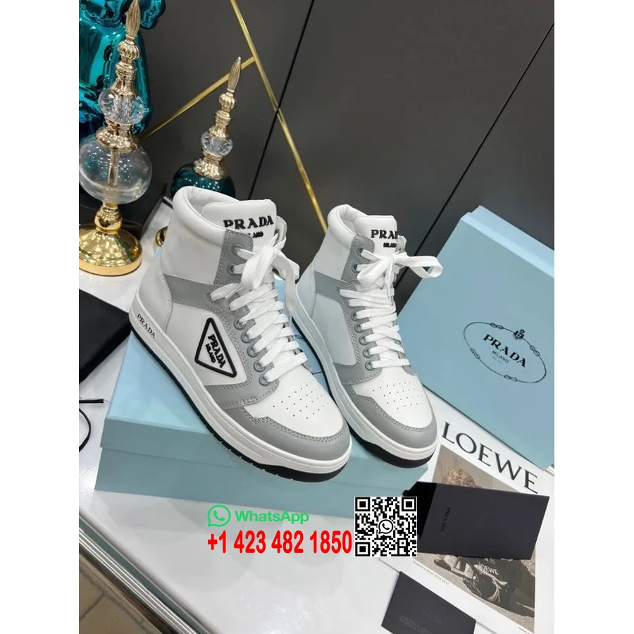 Prada Logo High-Top Sneakers Calfskin Leather Spring/Summer 2022 Collection,  Grey/White