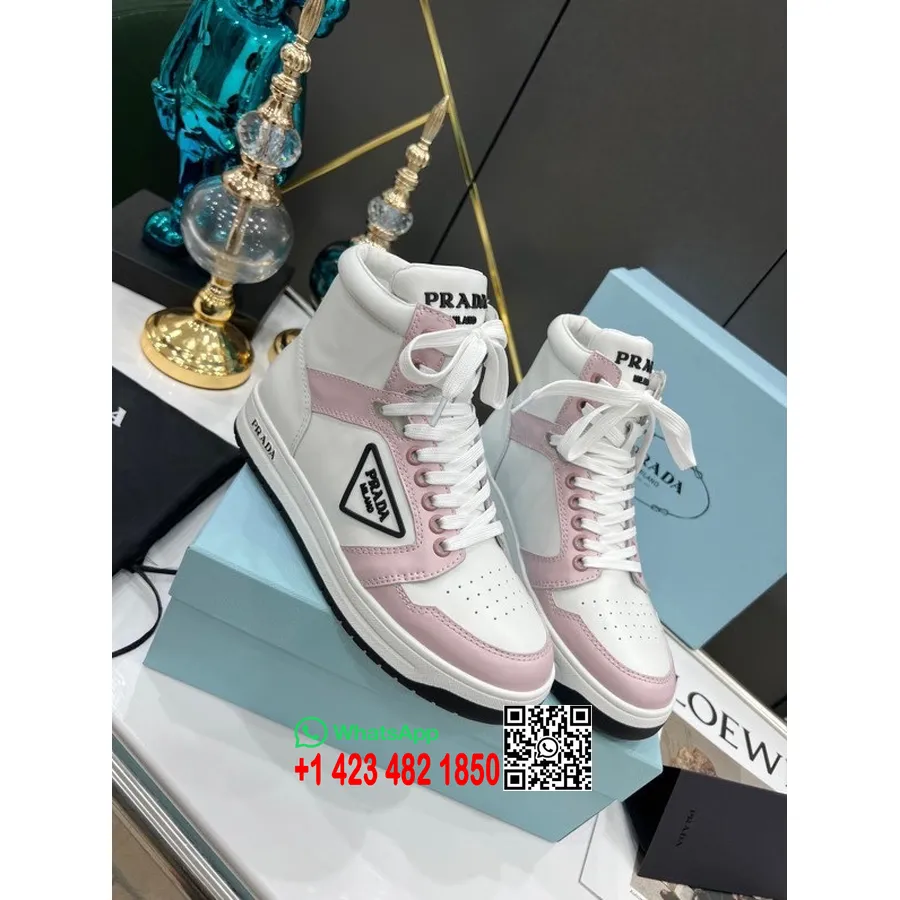 Prada Logo Tênis Cano Alto Couro De Bezerro Coleção Primavera/verão 2022, Rosa/branco