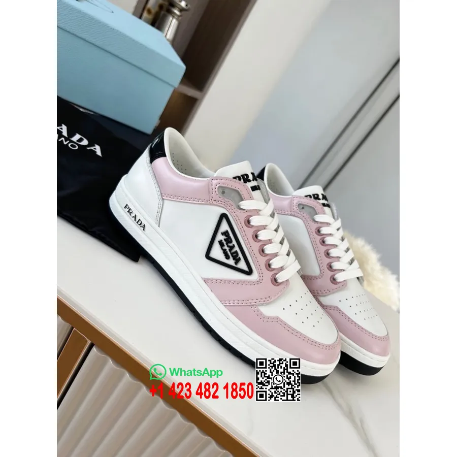 Prada Logo Tênis Cano Baixo Couro De Bezerro Coleção Primavera/verão 2022, Rosa/branco