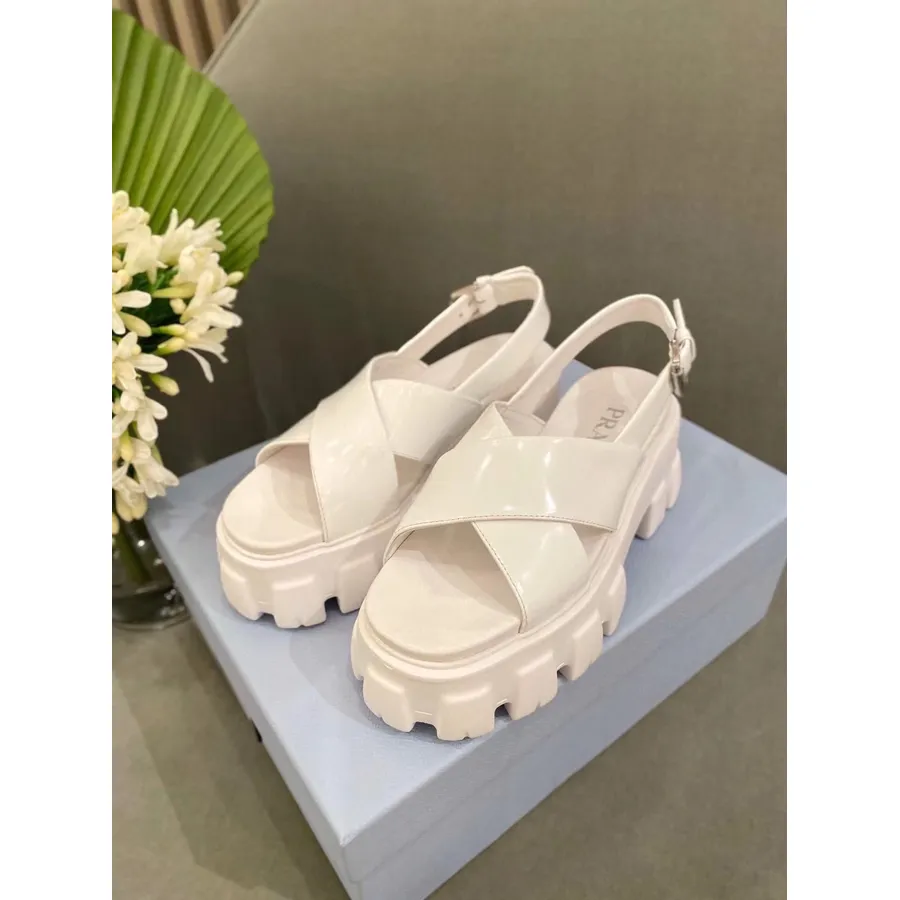 Prada Open Toe Platform Sandals Calfskin Leather Spring/Summer 2021 Collection, White