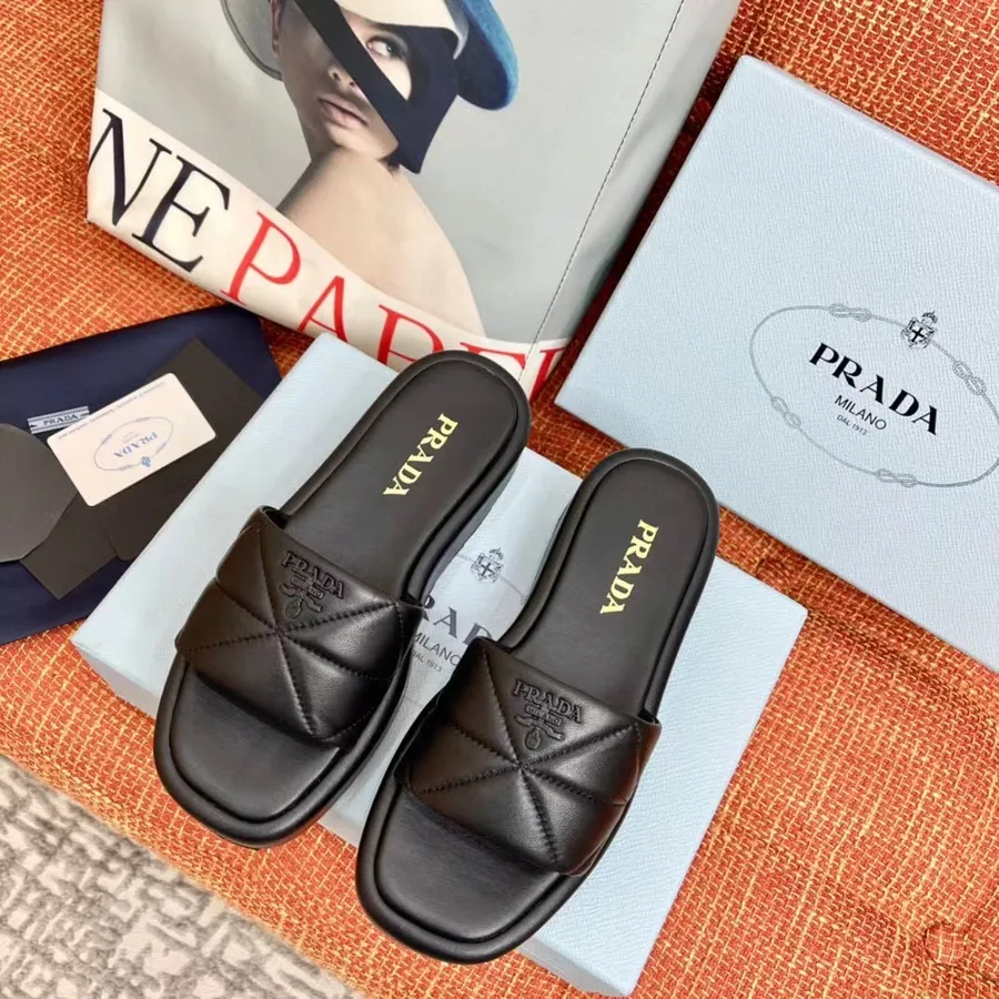 Prada Slide On Platform Sandaler Kalveskinn Vår/sommer 2021 Kolleksjon, Svart