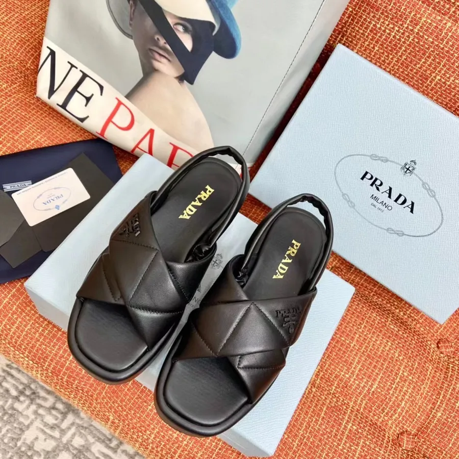 Prada Cross-Plateau-Sandalen Aus Kalbsleder, Frühjahr/sommer-kollektion 2021, Schwarz