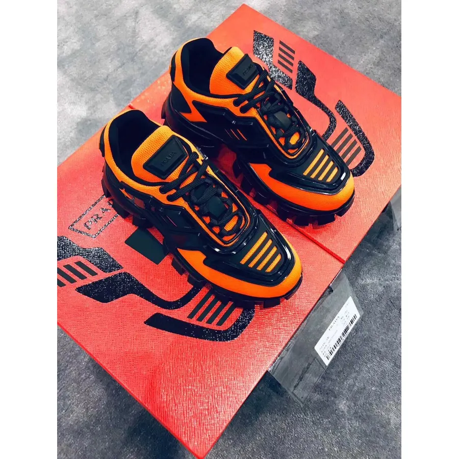 Prada Tech Caged Lace-Up Chunky Sneakers Calfskin Leather Spring/Summer 2019 Collection, Orange/Black