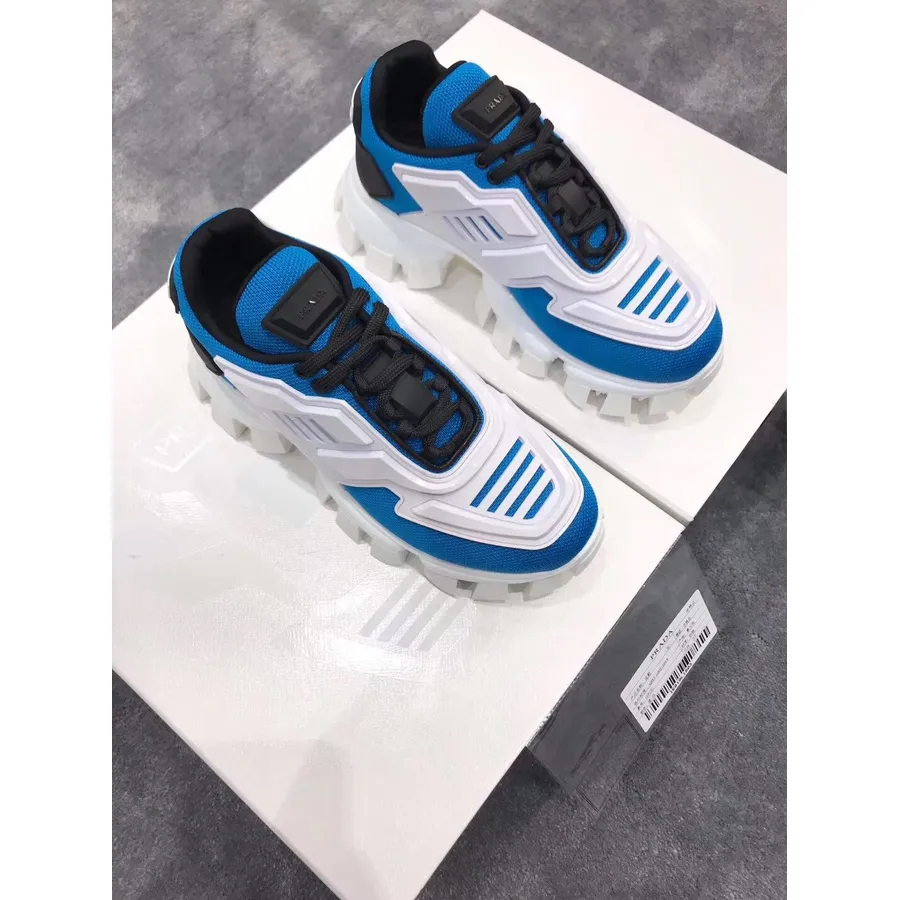 Prada Tech Caged Lace-Up Chunky Sneakers Calfskin Leather Spring/Summer 2019 Collection, White/Light Blue