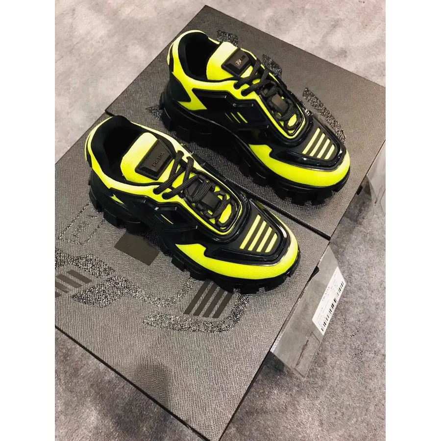 Prada Tech Caged Lace-Up Chunky Sneakers Calfskin Leather Spring/Summer 2019 Collection, Yellow/Black