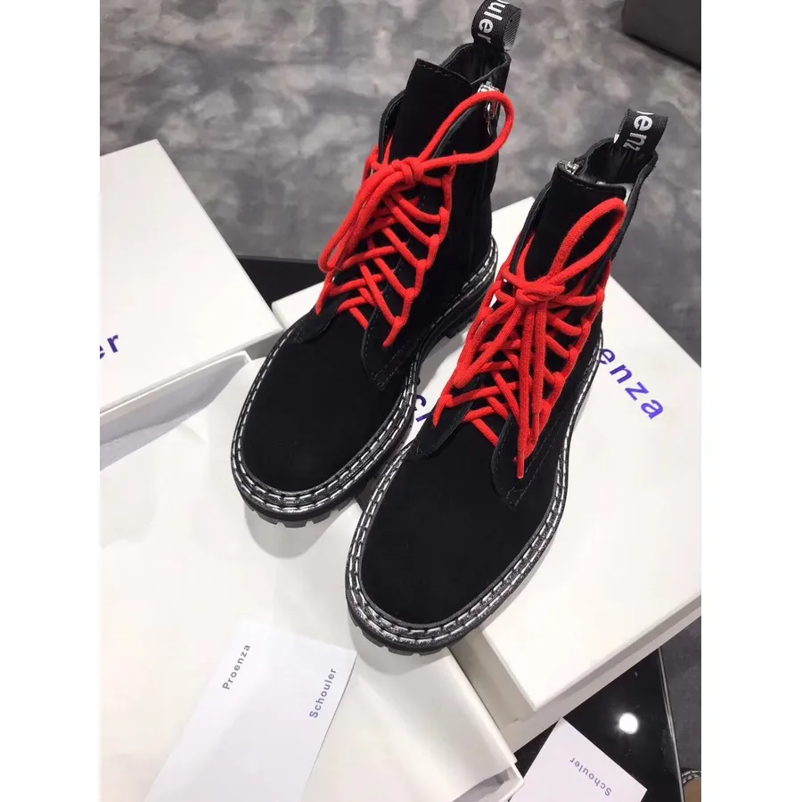 Botine Cu Siret Proenza Schouler Piele Intoarsa/piele De Vitel Colectia Toamna/iarna 2019, Negru/rosu