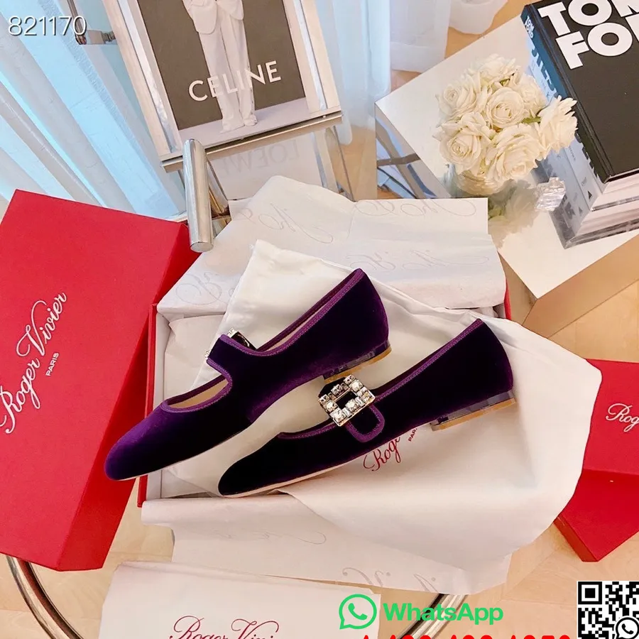 Roger Vivier Strass Mary Jane Flats βελούδο/δέρμα μοσχαριού συλλογή άνοιξη/καλοκαίρι 2022, μωβ