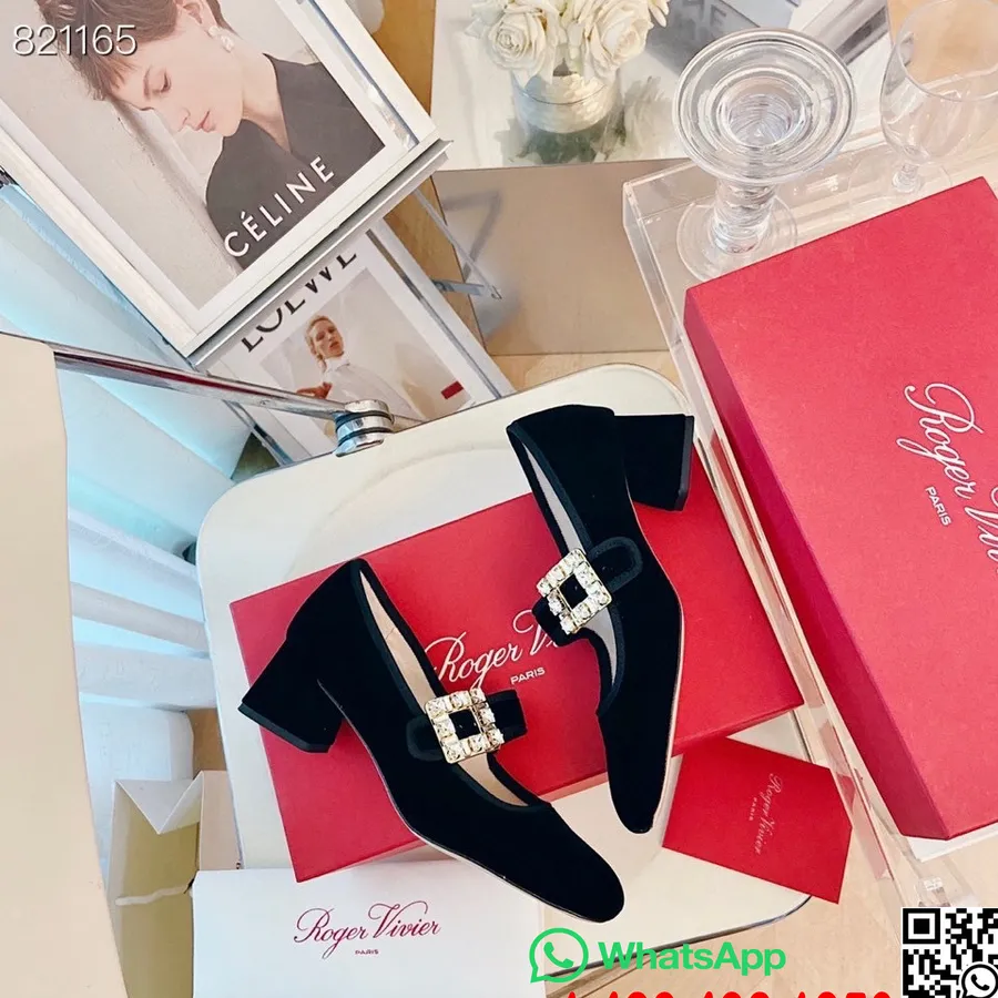 Roger Vivier Strass Mary Jane Pompa Beludru/kulit Anak Sapi Koleksi Musim Semi/musim Panas 2022, Hitam