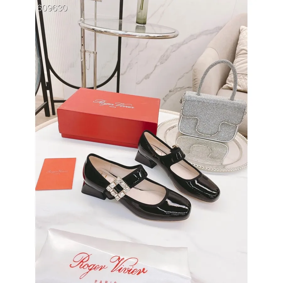 Roger Vivier Babyer Mary Jane Flats Patent Læder Efterår/vinter 2021 Kollektion, Sort