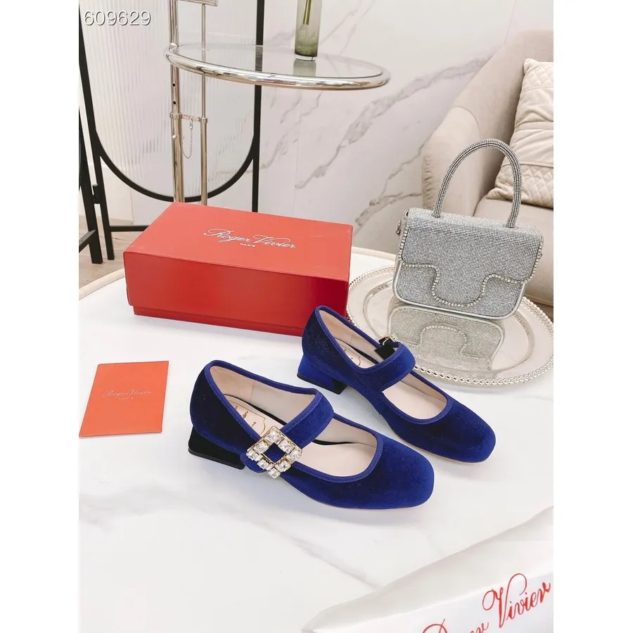 Roger Vivier Babák Mary Jane Flats Bársony Borjúbőr 2021 őszi/téli Kollekció, Kék