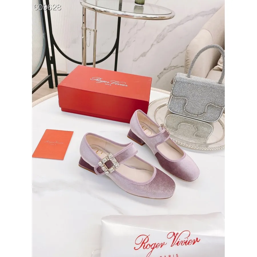 Roger Vivier Babyer Mary Jane Flats Fløjl Kalveskind Læder Efterår/vinter 2021 Kollektion, Pink