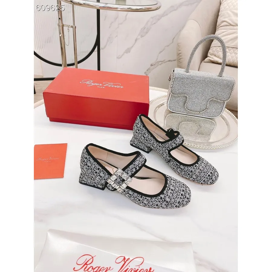 Roger Vivier Babyer Mary Jane Flats Tweed/kalveskind Læder Efterår/vinter 2021 Kollektion, Sort