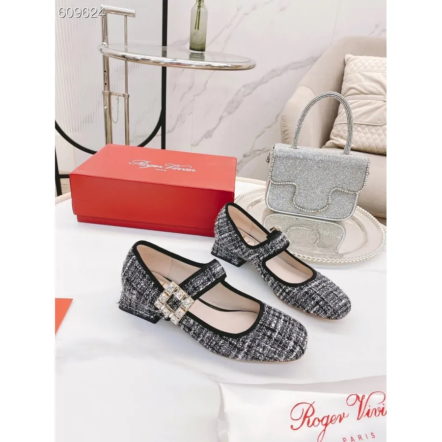 Roger Vivier Baby Mary Jane Flats Koleksi Tweed/kulit Anak Sapi Musim Gugur/musim Dingin 2021, Hitam